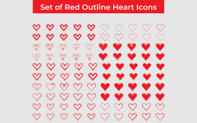 Set of Red Outline Heart Icons and social media elements