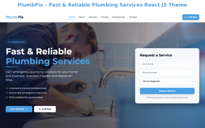 PlumbFix – Responzivní šablona pro instalatérské a opravárenské služby v React JS