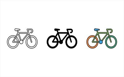 Trois icônes de vélo de styles différents isolées sur fond blanc