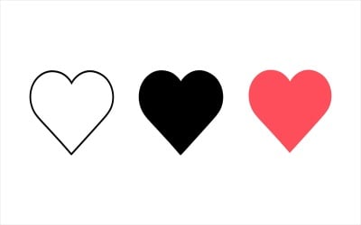 Collection of heart shapes in black, red, and outline on white background