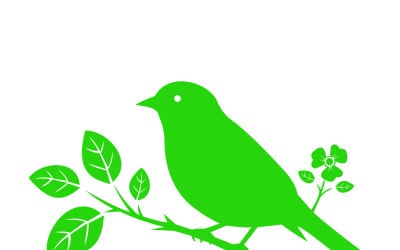 Green Bird Silhouette on Branch With Leaves and Flowers - Nature Icon and Spring Illustration