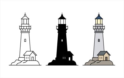 Vector illustration of three different colored lighthouse towers with houses