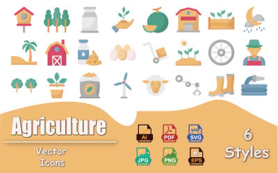 Paquete de iconos agrícolas: conjunto de iconos vectoriales sobre agricultura, cultivos, ganadería y tecnología.