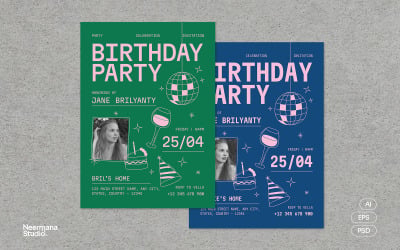 Green Blue Retro Birthday Party Invitation