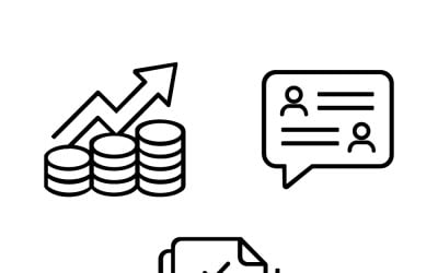 Pictogrammen voor bedrijfsfinanciën en groei, inclusief communicatiechat en goedgekeurd document.