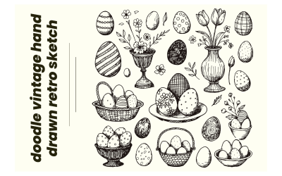 Ręcznie rysowana retro ilustracja wielkanocnych koszyków, wazonów i zdobionych jajek