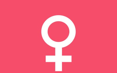 Różowy plakat z okazji Międzynarodowego Dnia Kobiet przedstawiający symbole kobiecości, feminizmu, równości i wzmocnienia pozycji kobiet