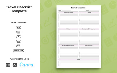 Travel Checklist Template for Travelers – Planning, Packing Organizer, Minimal A4