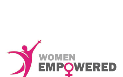 Logo „Wzmocnienie kobiet” z symbolem kobiecości i radosną różową postacią reprezentującą feministyczne wzmocnienie