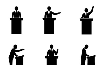 Silhouettes of Business Speakers at a Podium: Debate, Presentation and Public Speaking Icons