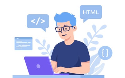 Young Smiling Web Developer Coding on Laptop With HTML and Code Symbols at Desk