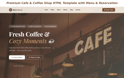 Brew Haven – Prémium kávézó és kávézó HTML sablon étlappal és foglalással