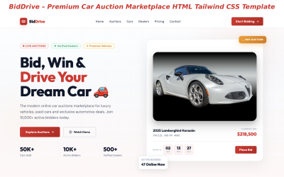 BidDrive – Plateforme de vente aux enchères de voitures haut de gamme - Modèle HTML Tailwind CSS