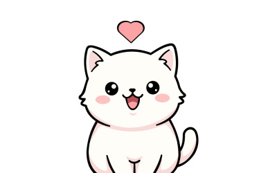 Cute White Kitten Cartoon With Pink Heart, Kawaii Cat Illustration For Children And Pets