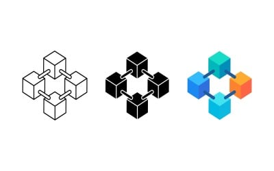 Blockchain nätverkskub ikonuppsättning kontur siluett och färgvektor isolerad på vit bakgrund