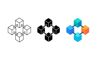Blockchain-Netzwerk-Würfel-Symbolset, Umriss-Silhouette und Farbvektor, isoliert auf weißem Hintergrund