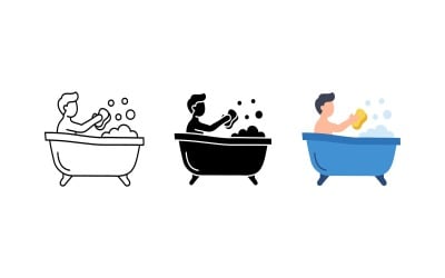 Boy taking bath icon set outline silhouette and color vector isolated on white background