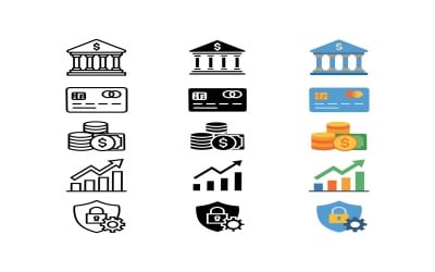 Symbolset für Banken und Finanzinstitute mit Kreditkarte und Dollar-Münze