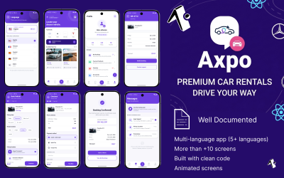 Axpo – Premium Araç Kiralama Uygulaması Arayüz Kiti | React Native ve Expo SDK 54