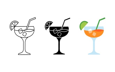 Cocktail drink glass with lime icon set