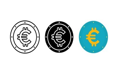Euro coin crypto icon set outline silhouette and color vector isolated on white background