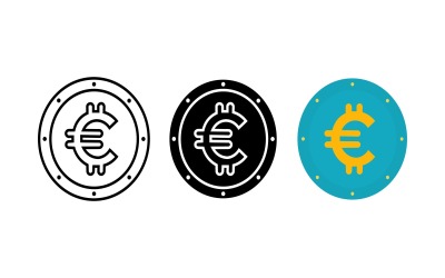 Euro-Münzen-Kryptosymbolset, Umriss-Silhouette und Farbvektor, isoliert auf weißem Hintergrund
