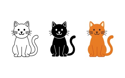 猫咪坐姿图标集，轮廓剪影和彩色矢量图，白色背景