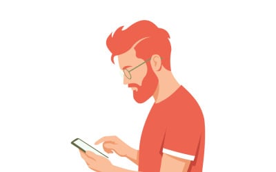 Red-Haired Bearded Man Using Smartphone In Casual Profile Illustration With Glasses