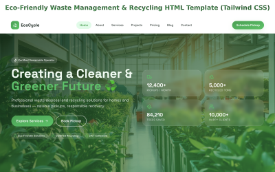 HTML šablona pro ekologické nakládání s odpady a recyklaci (Tailwind CSS)