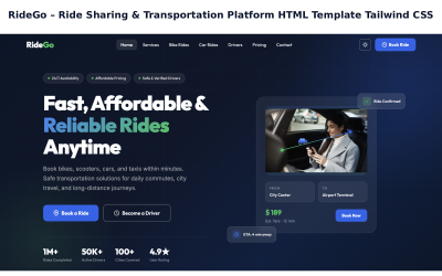 RideGo – HTML-шаблон платформи для спільного використання поїздок та транспорту (Tailwind CSS)