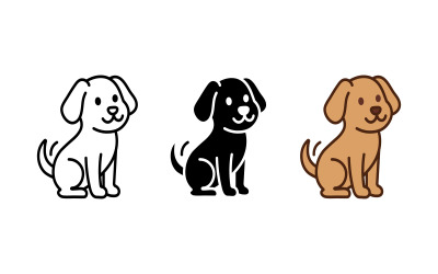 Set di icone di cuccioli di cane, silhouette e contorni colorati vettoriali, isolate su sfondo bianco.