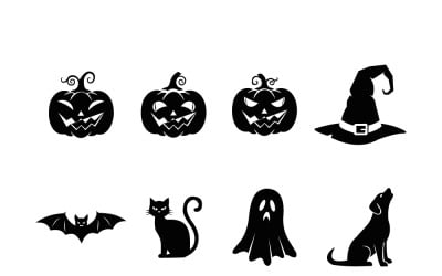 Set Of Halloween Silhouettes: Jack-O'-Lanterns, Witch Hat, Bat, Black Cat, Ghost