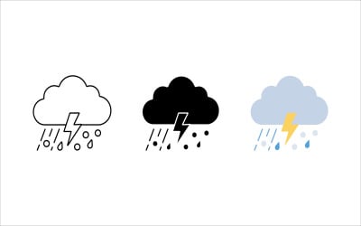Åskvädermoln med regn och blixtar ikonuppsättning