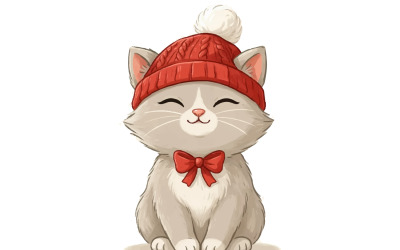Cute Cartoon Gray Kitten Wearing Red Winter Hat and Bow