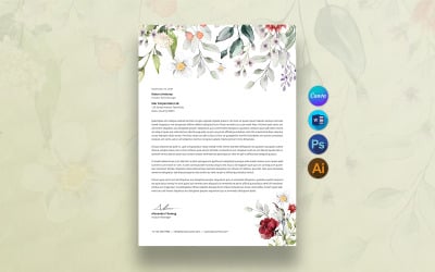 Floral Letterhead Template, Printable Botanical Stationery, Watercolor Floral Design