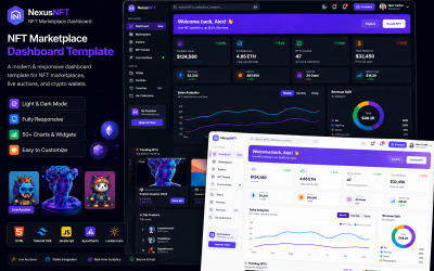 NexusNFT - NFT-marknadsplats, liveauktioner och kryptoplånbok HTML5 Tailwind CSS-instrumentpanelmall
