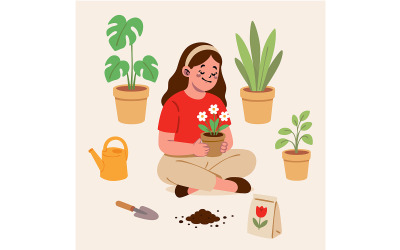 Woman Sitting and Holding a Potted Plant