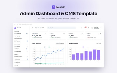 Nexoria — szablon panelu administracyjnego i CMS Next.js 16 React