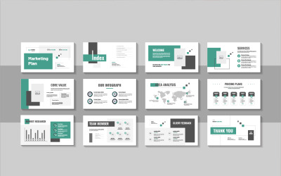 Ontwerp van een sjabloon voor een marketingplan (pitch deck) voor zakelijke presentaties en rapporten.