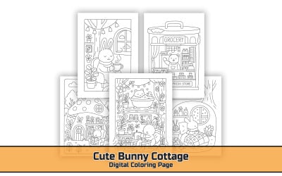 Cute Bunny Cottage Coloring Page, Printable Bunny Coloring Sheet, Cottagecore Coloring Page