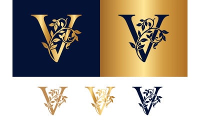Bold letter V with artistic vine and leaf decoration.