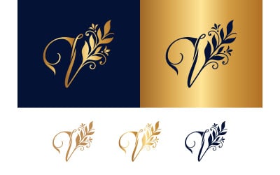 Decorative letter V flourish with botanical elements.
