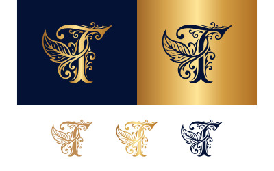 Elegant t letter with leaf and swirls for design.