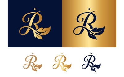 Calligraphy letter r with leaf and star for elegance logo.