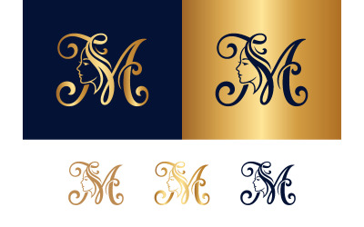 Letter m logo with woman face and swirls.