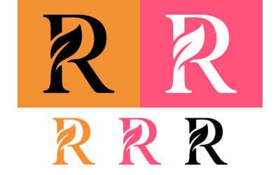 Letter r logo with leaf on orange pink backgrounds.