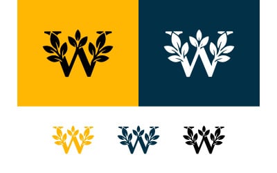 Logos décoratifs en forme de lettre W avec des feuilles jaunes et bleues.