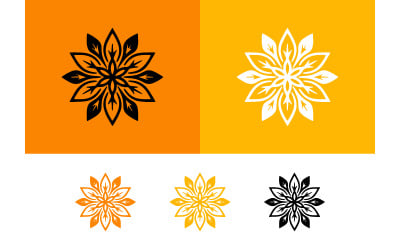 Logotipo de flores en naranja y amarillo sobre fondos.