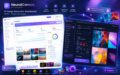 NeuralCanvas AI — шаблон панели управления SaaS для креативной студии и генератора изображений на основе искусственного интеллекта нового поколения.