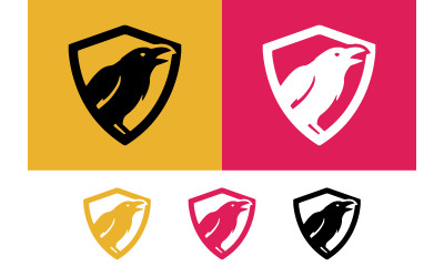 Raven bird emblem logo, yellow and pink vector graphics.